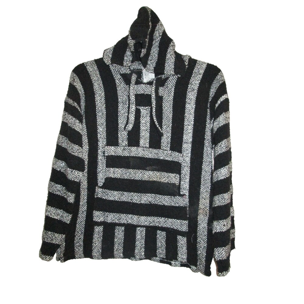 Vintage Artesanias Vega Hoodie Men Large Black White Drug Rug Baja Hippie Beachy